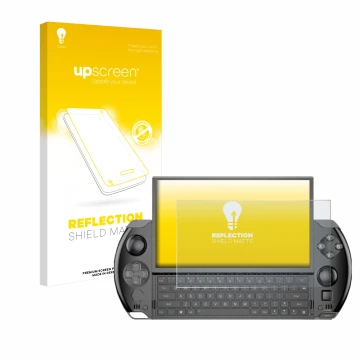 Face avant d’un emballage produit avec le logo de la marque upscreen. À côté, l’appareil GPD Win 4 est représenté avec la prot
