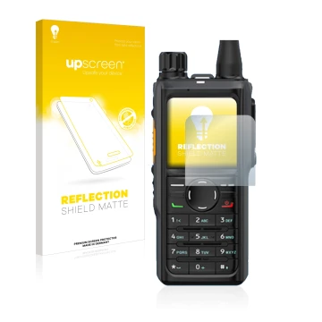 Face avant d’un emballage produit avec le logo de la marque upscreen. À côté, l’appareil Hytera HP 685 est représenté avec la 