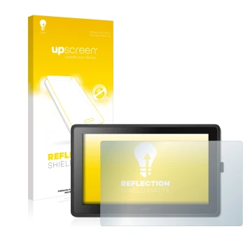 Face avant d’un emballage produit avec le logo de la marque upscreen. À côté, l’appareil Wacom Cintiq 22 est représenté avec l