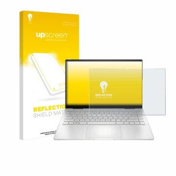 Face avant d’un emballage produit avec le logo de la marque upscreen. À côté, l’appareil HP Pavilion x360 2-in-1 (14-ekX) est 