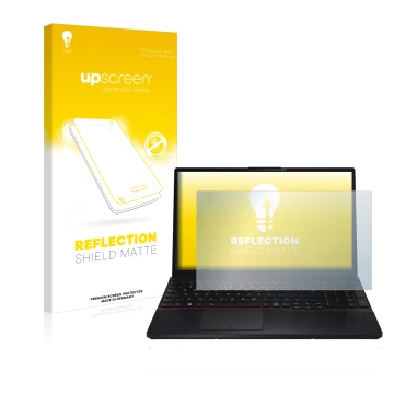 Face avant d’un emballage produit avec le logo de la marque upscreen. À côté, l’appareil Fujitsu Lifebook E5512 est représenté