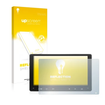 Face avant d’un emballage produit avec le logo de la marque upscreen. À côté, l’appareil Atoto A6 PF 9 Zoll est représenté ave