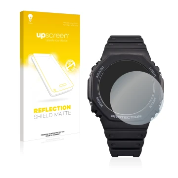 Face avant d’un emballage produit avec le logo de la marque upscreen. À côté, l’appareil Casio G-Shock GA-B2100 est représenté