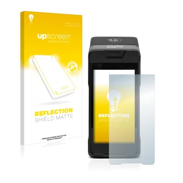 Face avant d’un emballage produit avec le logo de la marque upscreen. À côté, l’appareil myPOS Carbon est représenté avec la p