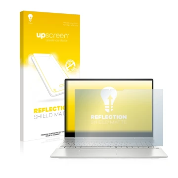 Face avant d’un emballage produit avec le logo de la marque upscreen. À côté, l’appareil HP Envy x360 2-in-1 15-ew est représe