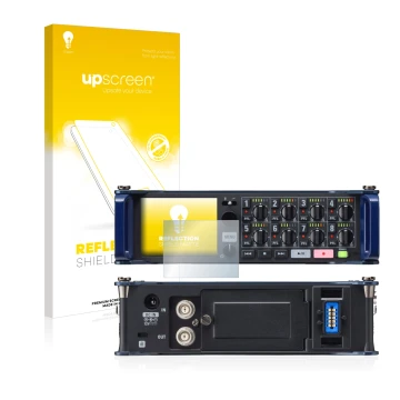 Face avant d’un emballage produit avec le logo de la marque upscreen. À côté, l’appareil Zoom F8 field recorder est représenté