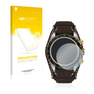 Face avant d’un emballage produit avec le logo de la marque upscreen. À côté, l’appareil Tudor Black Bay Chrono 41mm est repré