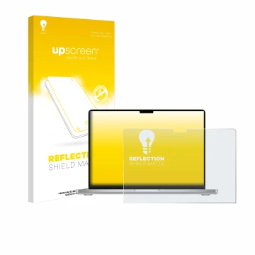 Face avant d’un emballage produit avec le logo de la marque upscreen. À côté, l’appareil Apple MacBook Pro 14