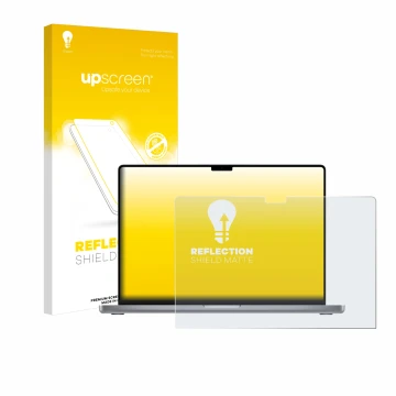 Face avant d’un emballage produit avec le logo de la marque upscreen. À côté, l’appareil Apple MacBook Pro 16