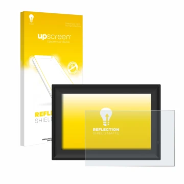 Face avant d’un emballage produit avec le logo de la marque upscreen. À côté, l’appareil Yenock Digitaler Bilderrahmen 10.1 Zo