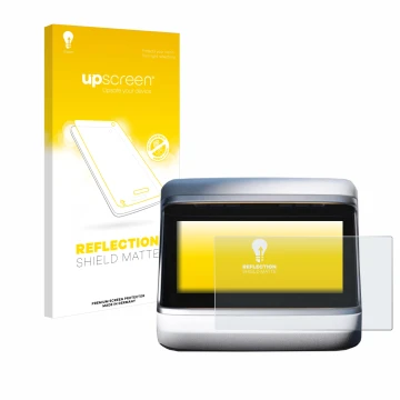 Face avant d’un emballage produit avec le logo de la marque upscreen. À côté, l’appareil Tesla Model X Plaid 2023 (Affichage a