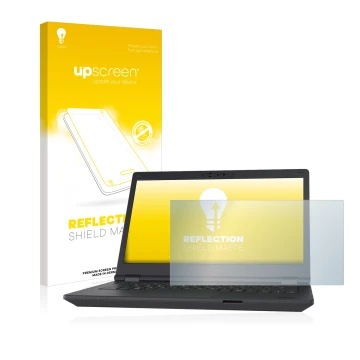 Face avant d’un emballage produit avec le logo de la marque upscreen. À côté, l’appareil Fujitsu Lifebook E5411 est représenté