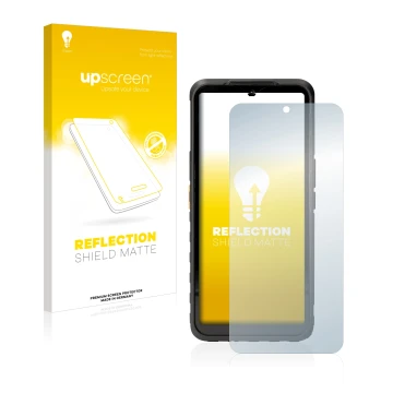 Face avant d’un emballage produit avec le logo de la marque upscreen. À côté, l’appareil Caterpillar Cat S53 5G est représenté