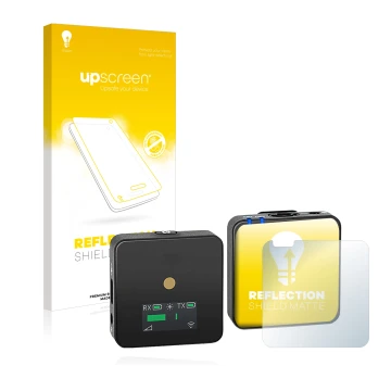 Face avant d’un emballage produit avec le logo de la marque upscreen. À côté, l’appareil Rode Wireless GO II est représenté av
