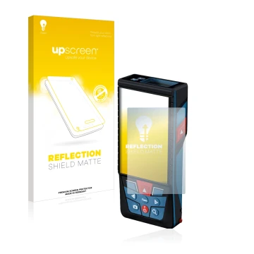 Face avant d’un emballage produit avec le logo de la marque upscreen. À côté, l’appareil Bosch GLM 150-27c est représenté avec