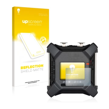 Face avant d’un emballage produit avec le logo de la marque upscreen. À côté, l’appareil Zoom F3 field recorder est représenté