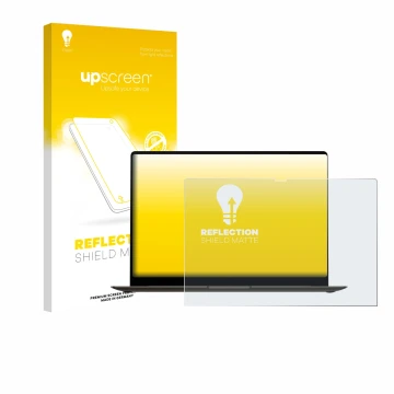 Face avant d’un emballage produit avec le logo de la marque upscreen. À côté, l’appareil Samsung Galaxy Book3 Pro 16