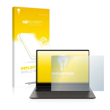 Face avant d’un emballage produit avec le logo de la marque upscreen. À côté, l’appareil Samsung Galaxy Book3 Ultra 16