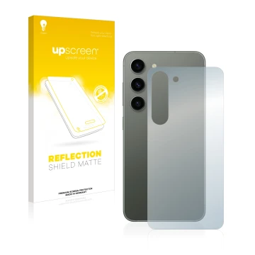 Face avant d’un emballage produit avec le logo de la marque upscreen. À côté, l’appareil Samsung Galaxy S23 (Arrière) est repr