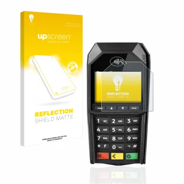 Face avant d’un emballage produit avec le logo de la marque upscreen. À côté, l’appareil ingenico Desk/1600 est représenté ave