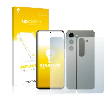 Face avant d’un emballage produit avec le logo de la marque upscreen. À côté, l’appareil Samsung Galaxy S23 Plus (Avant+Arrièr