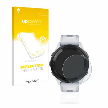 Face avant d’un emballage produit avec le logo de la marque upscreen. À côté, l’appareil Garmin Forerunner 265 (46 mm) est rep