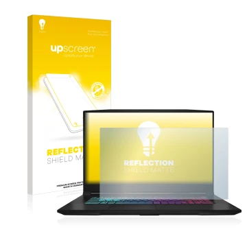 Face avant d’un emballage produit avec le logo de la marque upscreen. À côté, l’appareil MSI Katana 17 B13V est représenté ave