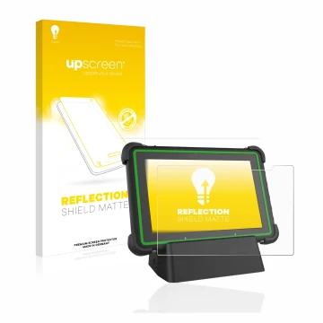 Face avant d’un emballage produit avec le logo de la marque upscreen. À côté, l’appareil Hella Gutmann Mega Macs X (tablet) es