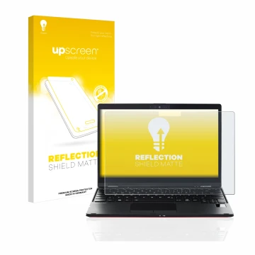 Face avant d’un emballage produit avec le logo de la marque upscreen. À côté, l’appareil Fujitsu Lifebook U9311X est représent