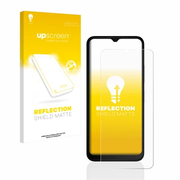 Face avant d’un emballage produit avec le logo de la marque upscreen. À côté, l’appareil Nokia C32 est représenté avec la prot