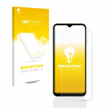 Face avant d’un emballage produit avec le logo de la marque upscreen. À côté, l’appareil Samsung Galaxy A14 4G est représenté 