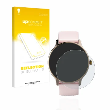 Face avant d’un emballage produit avec le logo de la marque upscreen. À côté, l’appareil Hama Fit Watch 4910 est représenté av