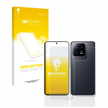 Face avant d’un emballage produit avec le logo de la marque upscreen. À côté, l’appareil Xiaomi 13 (Avant+Arrière) est représe