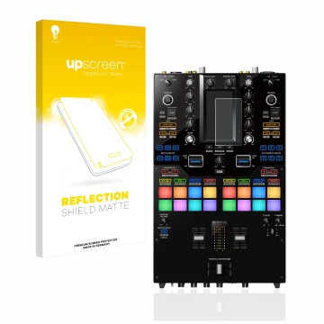 Face avant d’un emballage produit avec le logo de la marque upscreen. À côté, l’appareil Pioneer DJM-S11 est représenté avec l