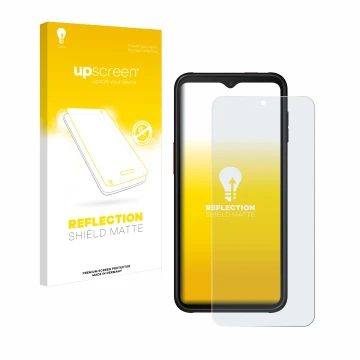 Face avant d’un emballage produit avec le logo de la marque upscreen. À côté, l’appareil Samsung Galaxy XCover 6 Pro Enterpris