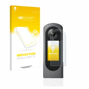 Face avant d’un emballage produit avec le logo de la marque upscreen. À côté, l’appareil Ricoh Theta X est représenté avec la 