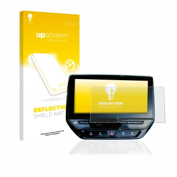 Face avant d’un emballage produit avec le logo de la marque upscreen. À côté, l’appareil Volkswagen ID.5 Discover Pro 12