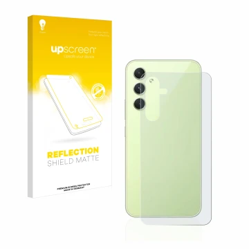 Face avant d’un emballage produit avec le logo de la marque upscreen. À côté, l’appareil Samsung Galaxy A54 5G (Arrière) est r