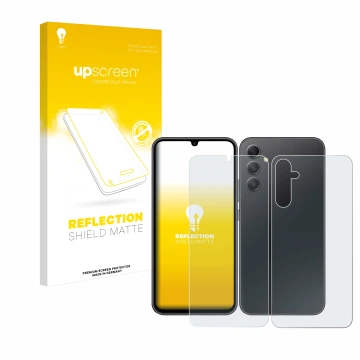Face avant d’un emballage produit avec le logo de la marque upscreen. À côté, l’appareil Samsung Galaxy A34 5G (Avant+Arrière)