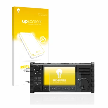 Face avant d’un emballage produit avec le logo de la marque upscreen. À côté, l’appareil Xiegu X6100 HF-Transceiver est représ