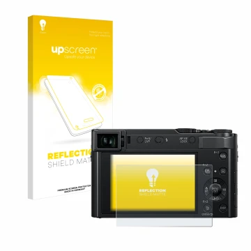 Face avant d’un emballage produit avec le logo de la marque upscreen. À côté, l’appareil Panasonic Lumix DC-TZ202D est représe