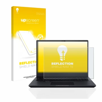 Face avant d’un emballage produit avec le logo de la marque upscreen. À côté, l’appareil ASUS ProArt StudioBook 16 OLED est re
