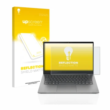 Face avant d’un emballage produit avec le logo de la marque upscreen. À côté, l’appareil Lenovo ThinkBook 14 Gen 4 est représe