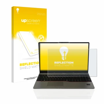 Face avant d’un emballage produit avec le logo de la marque upscreen. À côté, l’appareil Fujitsu Lifebook U7512 est représenté