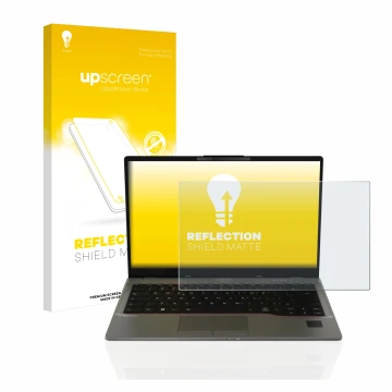 Face avant d’un emballage produit avec le logo de la marque upscreen. À côté, l’appareil Fujitsu Lifebook U7412 est représenté