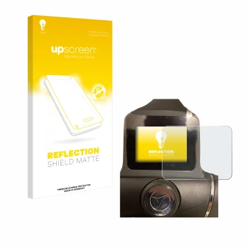 Face avant d’un emballage produit avec le logo de la marque upscreen. À côté, l’appareil Motocaddy M1 DHC Electric Trolley est