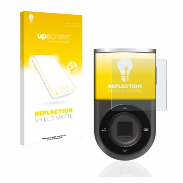 Face avant d’un emballage produit avec le logo de la marque upscreen. À côté, l’appareil D’CENT Biometric Wallet est représent