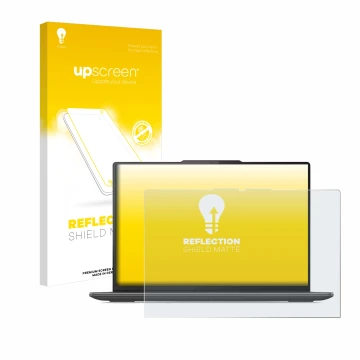 Face avant d’un emballage produit avec le logo de la marque upscreen. À côté, l’appareil Lenovo Yoga Pro 9i Gen 8 16