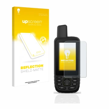 Face avant d’un emballage produit avec le logo de la marque upscreen. À côté, l’appareil Garmin GPSMAP 67 est représenté avec 