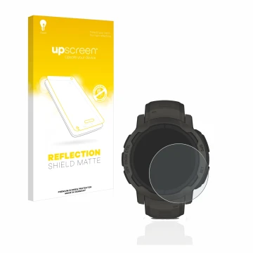 Face avant d’un emballage produit avec le logo de la marque upscreen. À côté, l’appareil Garmin Instinct 2 Solar est représent